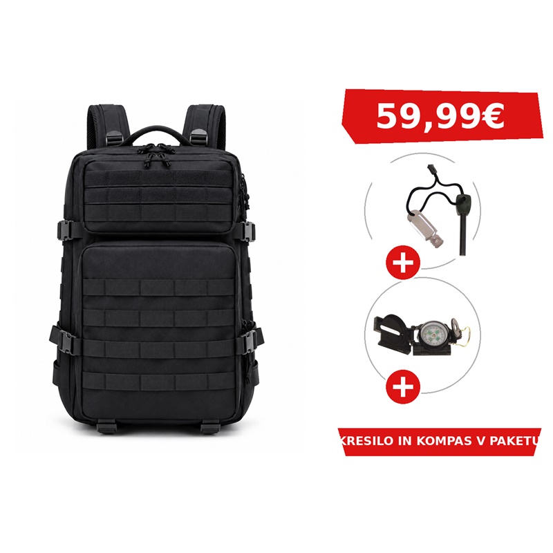 VOJAŠKI NAHRBTNIK BLACK STAR ASSAULT 45 V ČRNI BARVI + KRESILO + KOMPAS