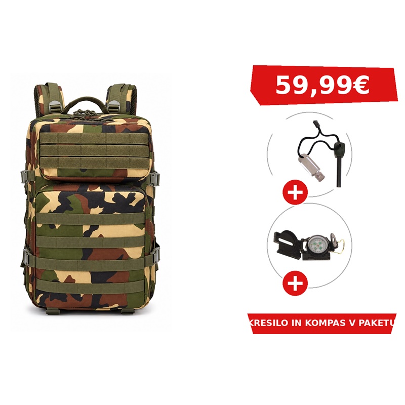VOJAŠKI NAHRBTNIK BLACK STAR ASSAULT 45 V WOODLAND BARVI + KRESILO + KOMPAS